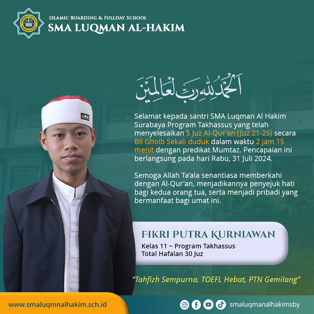Santri SMA Luqman Al Hakim Surabaya Setoran 5 Juz Al-Qur'an Bil Ghoib Sekali duduk dalam 2 Jam 15 Menit!